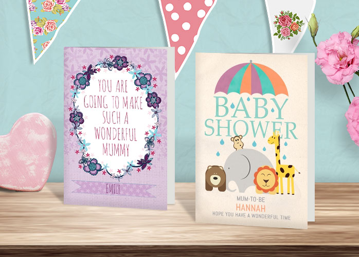 Baby shower cards on a shelf