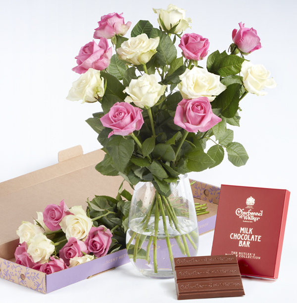 Pink and White Rose Letterbox with Luxury Chocolate Gift Set