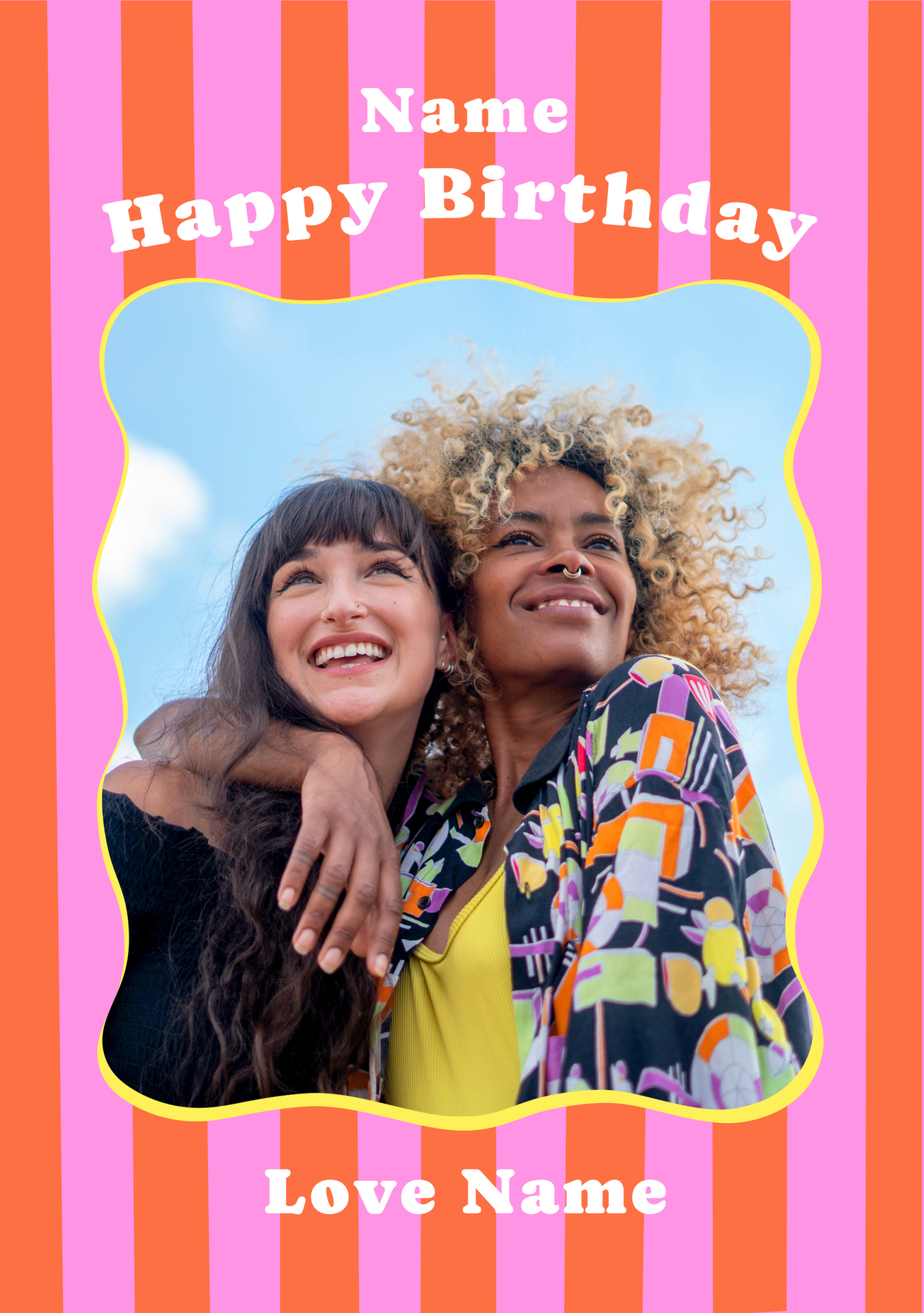 Pink and Orange Stripe Border Photo Birthday Card