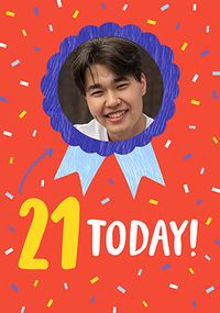 Tap to view 21 Today Red Rosette Photo Birthday Card